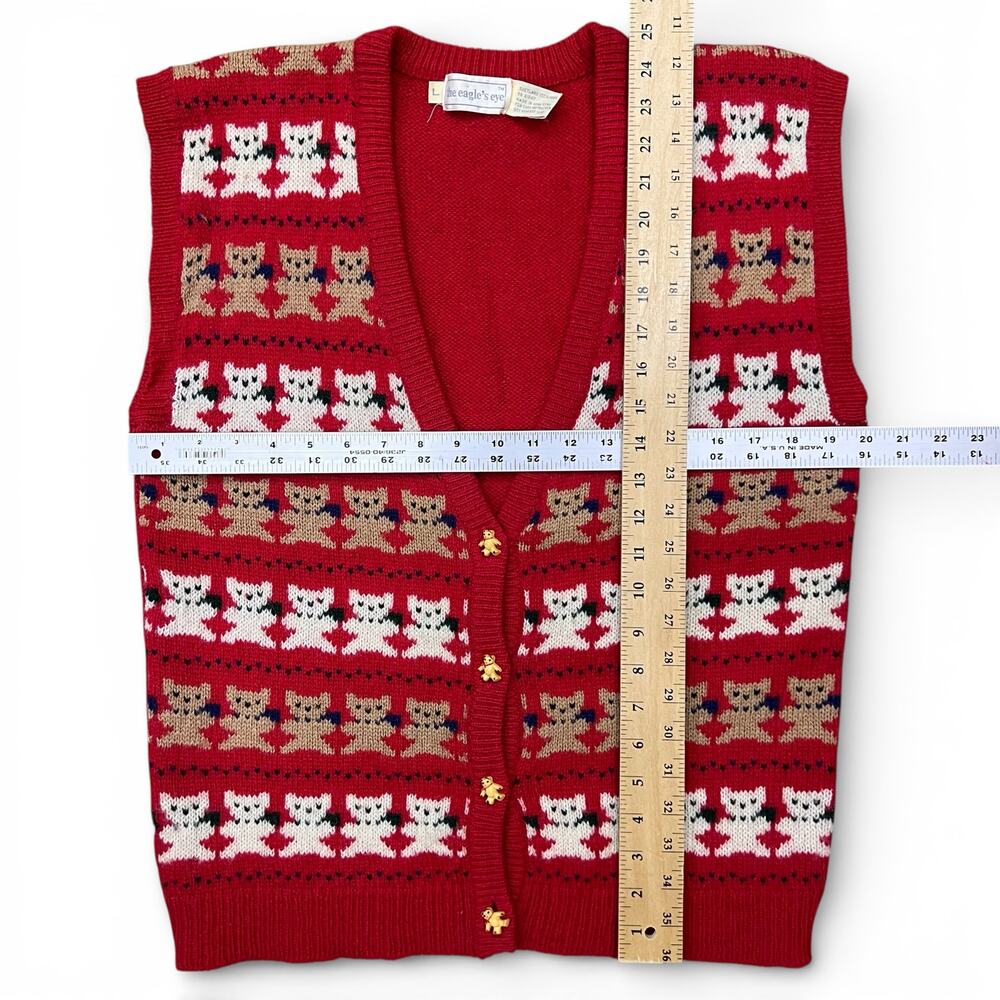 Vintage Teddy Bear Christmas Grannycore Knit Sweater Vest L 80s Cottage Preppy - Picture 6 of 7